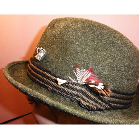 Vintage Green Wool German Alpine Tyrolean Hat Oktoberfest w/ feathers and pins main image 4